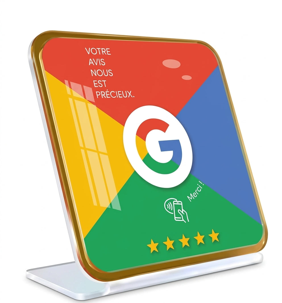 Avis Google – Carte modèle carrée 4 couleurs - doré sur pied